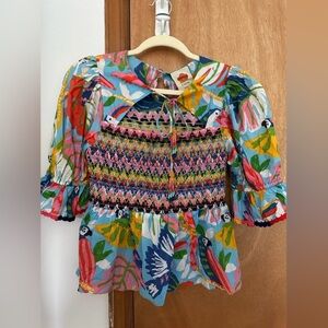 NWT FARM Rio Colorful Forest Off-White Blue Toucans Smocked Blouse Top S